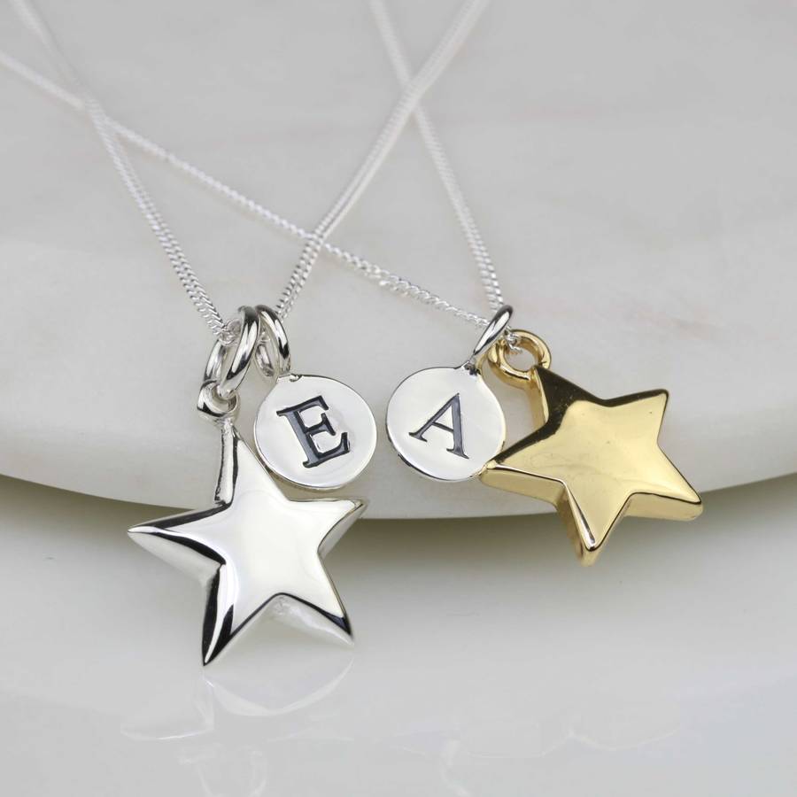 Personalised Min Disc with Letter and Shining Star Necklace in 925 Silver