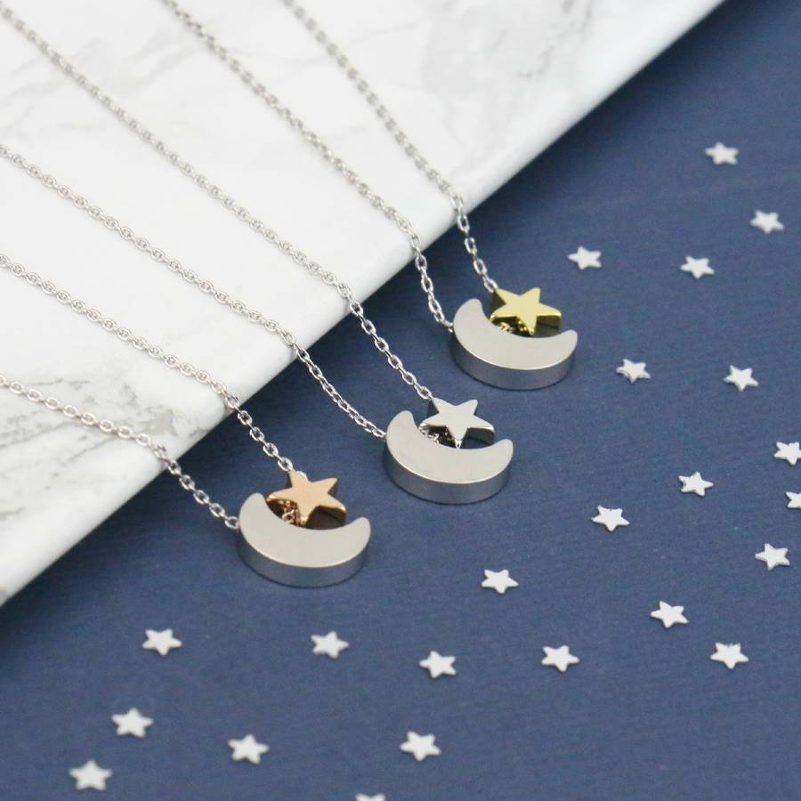 Sterling Silver Two Tone Moon and Star Necklace