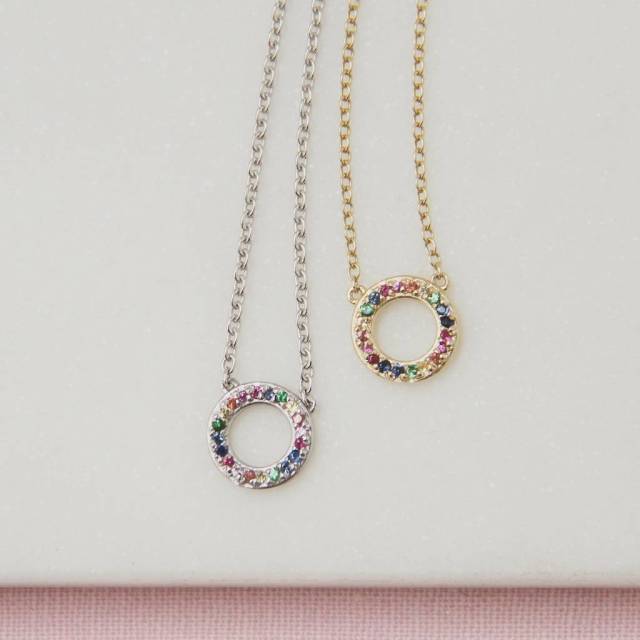 Sterling Silver Gold or Silver Pave CZ Rainbow Eternity Necklace