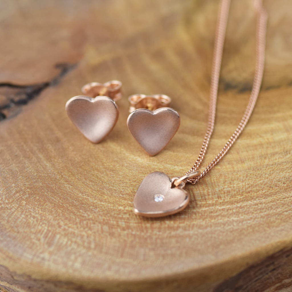 Rose Gold Heart Pendant Necklace with Flush Set Solitaire in 925 Silver
