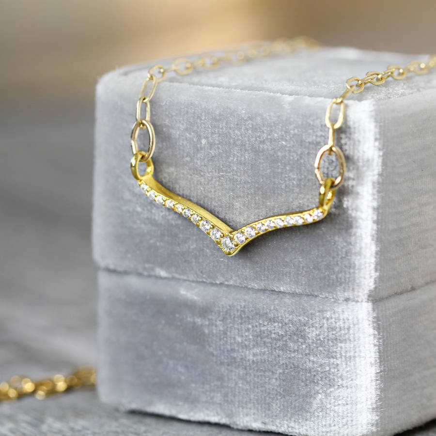 14K Gold Over Cubic Zirconia Wishbone Necklace