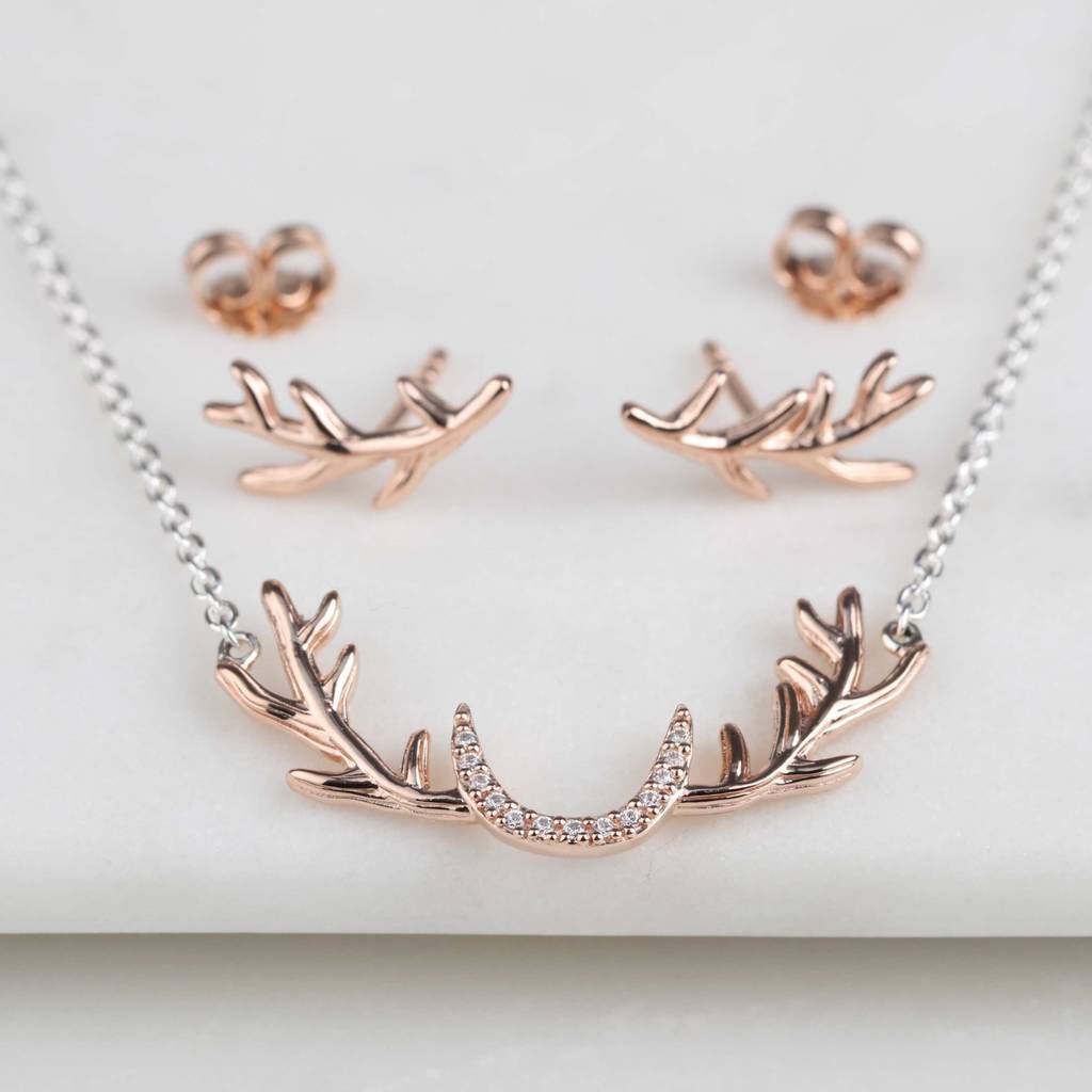 Rose Gold Stag Antler Necklace in 925 Sterling Silver
