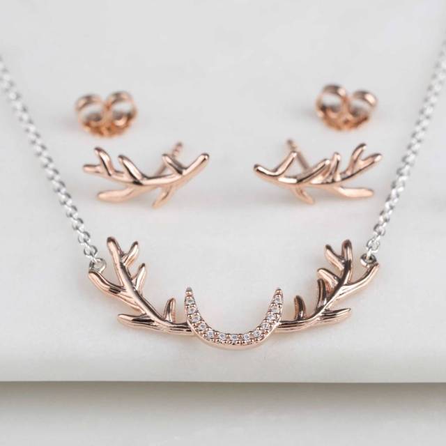 Rose Gold Stag Antler Necklace in 925 Sterling Silver