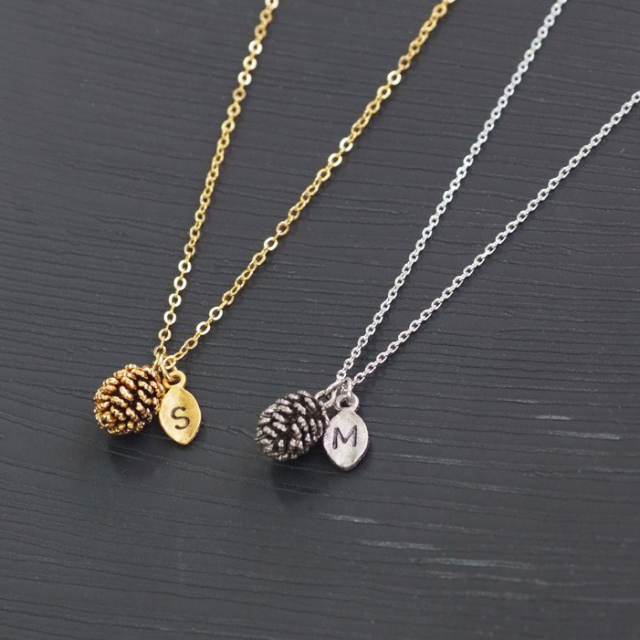 Sterling Silver Pin Cone Necklace in 14K Yellow Gold