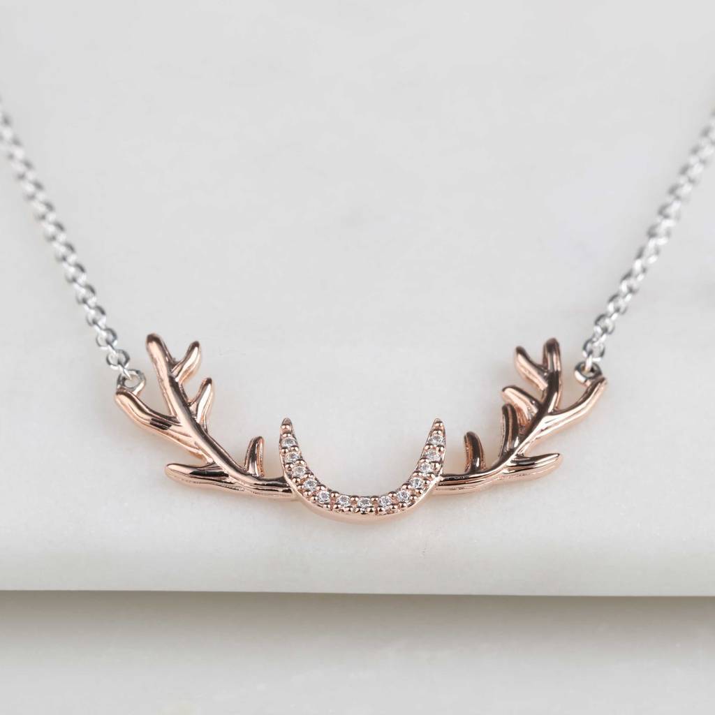 Rose Gold Stag Antler Necklace in 925 Sterling Silver