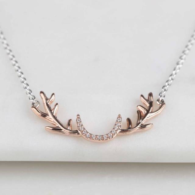 Rose Gold Stag Antler Necklace in 925 Sterling Silver