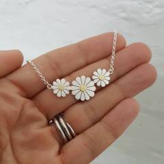 Sterling Silver Daisy Trio Necklace in Solid Silver and 18K Gold