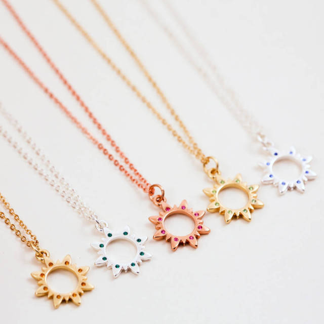 Sterling Silver Crystal Sun Birthstone Necklace