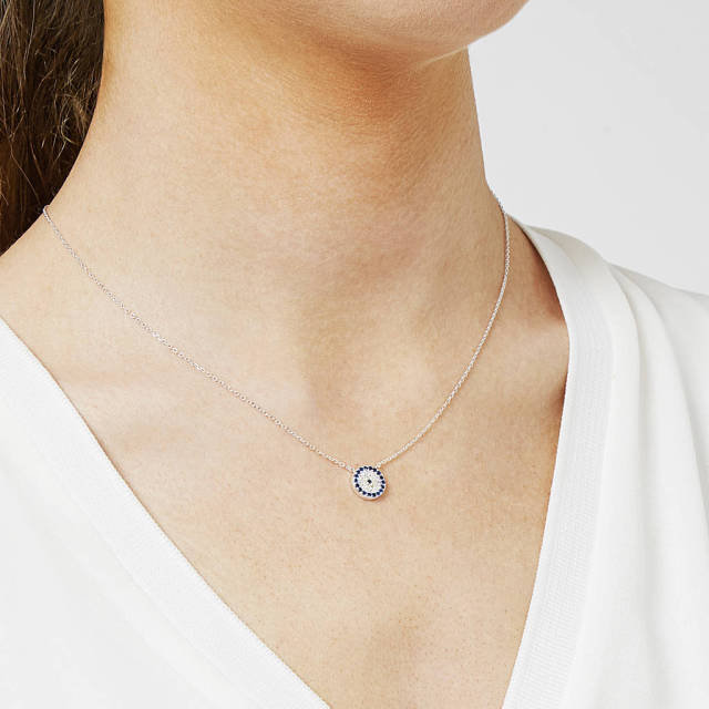 Turkish Design Sterling Silver White and Blue Sapphire CZ Evil Eye Necklace