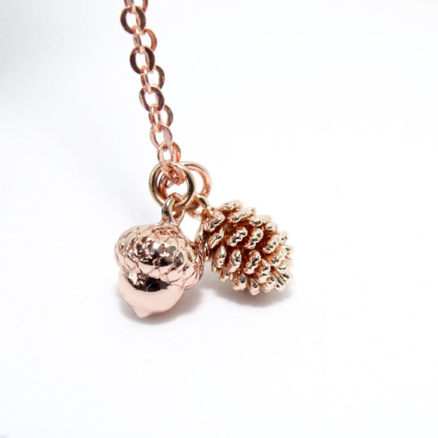 Sterling Silver Rose Gold Acorn and Pine Cone Necklace