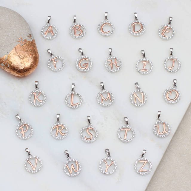 Two Tone Rose Gold Sterling Silver Cubic Zirconia Initial Circle Pendant Necklace