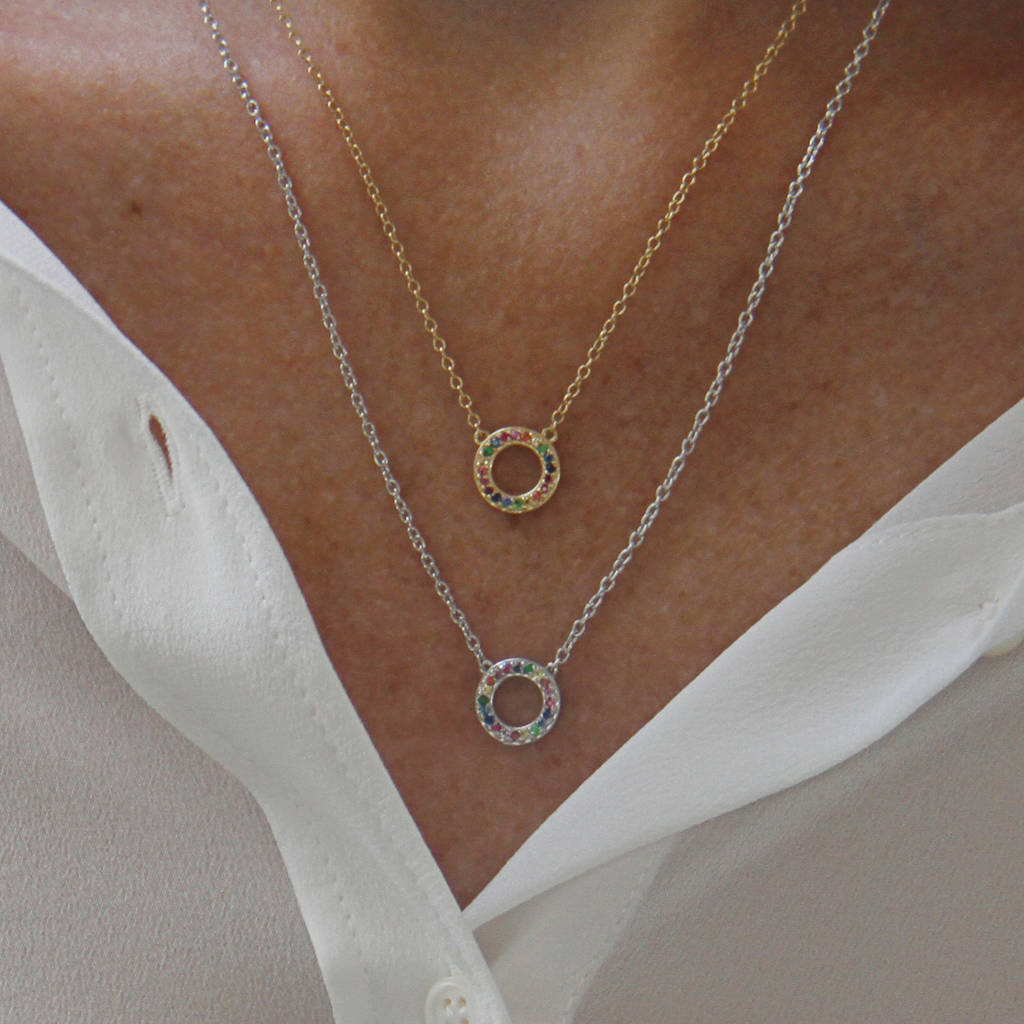 Sterling Silver Gold or Silver Pave CZ Rainbow Eternity Necklace