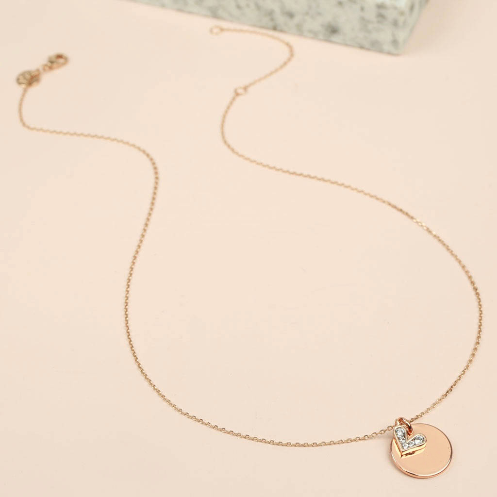 Rose Gold Plated Sterling Silver CZ Heart and Disc Charms Necklace