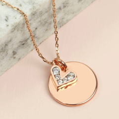 Rose Gold Plated Sterling Silver CZ Heart and Disc Charms Necklace