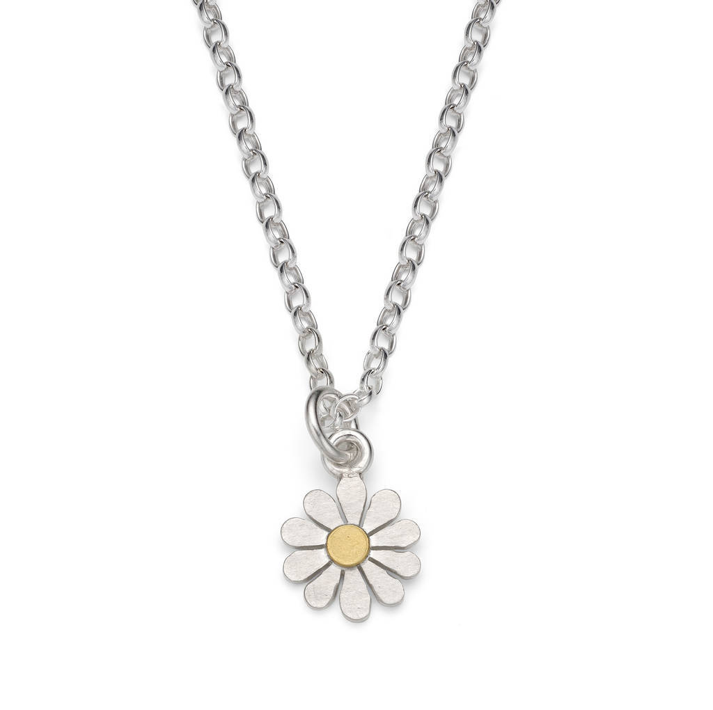 Teeny Daisy Pendant Necklace in Solid Silver and 18K Gold