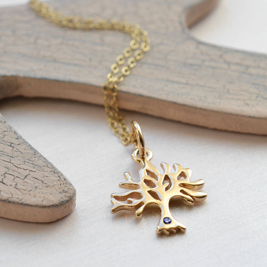 14K Gold Plated Tree Necklace with Cubic Zirconia