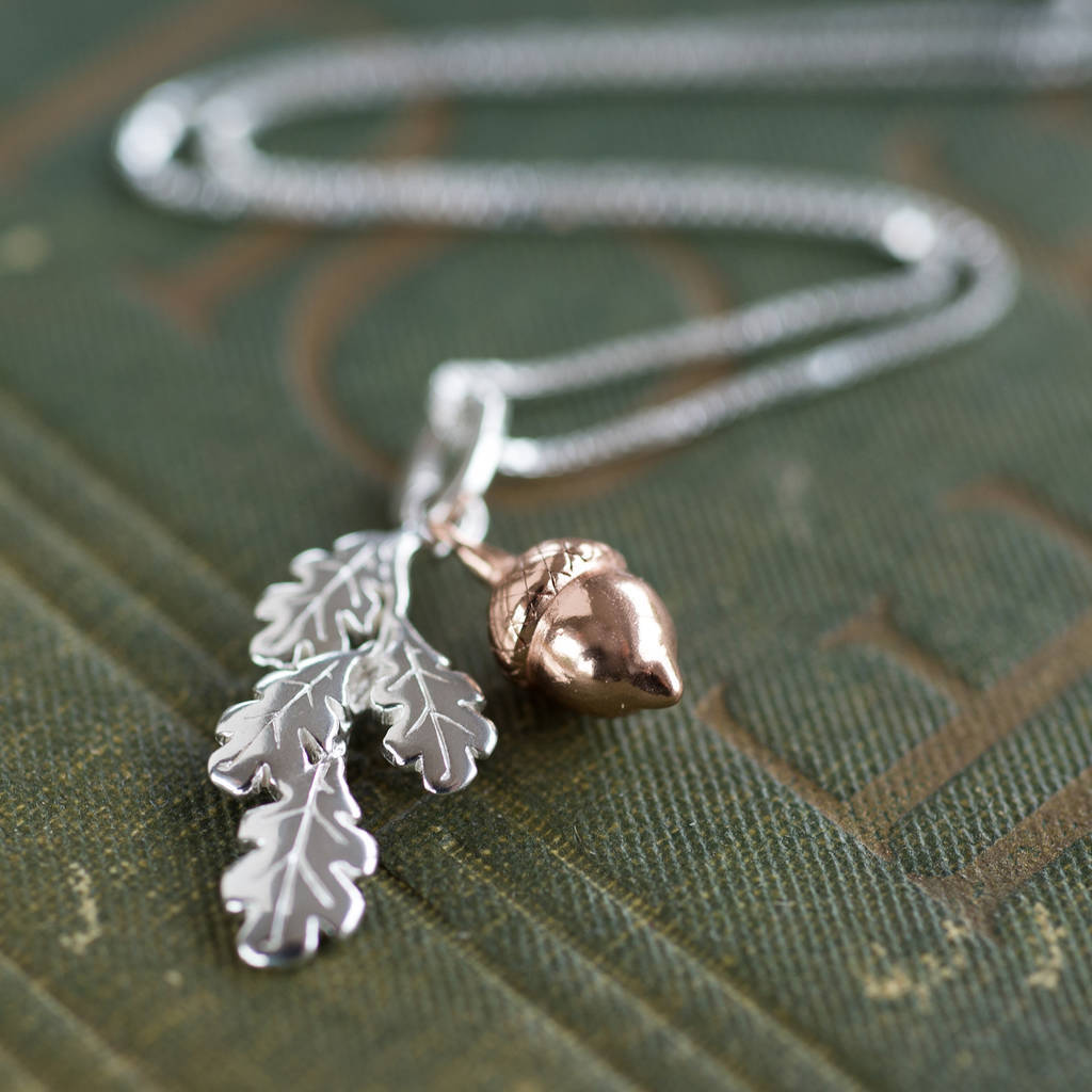 Sterling Silver Two Tone Color Leaf and Acorn Necklace