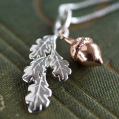 Sterling Silver Two Tone Color Leaf and Acorn Necklace
