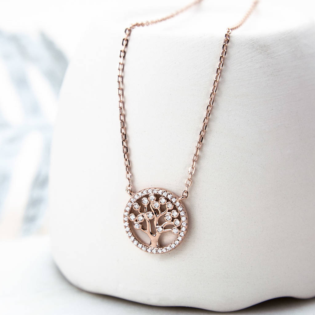 Deliate Design Sterling Silver Pave Set CZ Circle Tree Necklace
