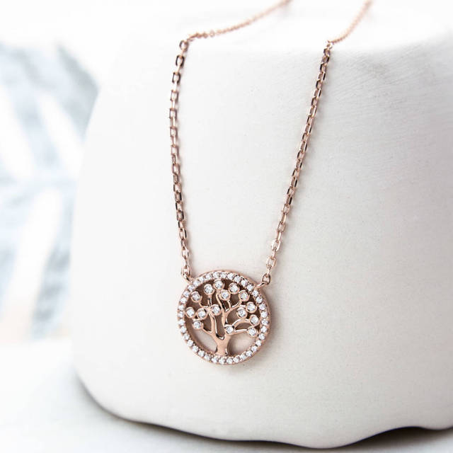 Deliate Design Sterling Silver Pave Set CZ Circle Tree Necklace