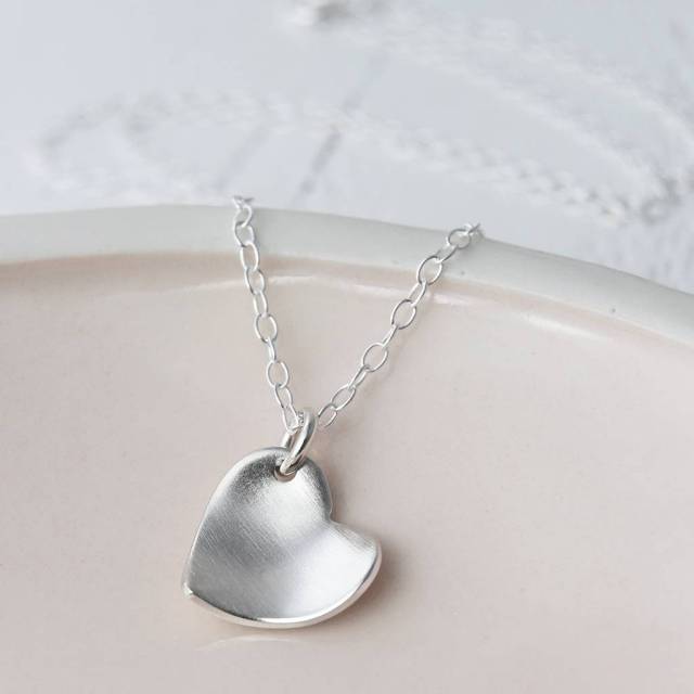 Matt White Gold 925 Silver Concave Love Heart Necklace
