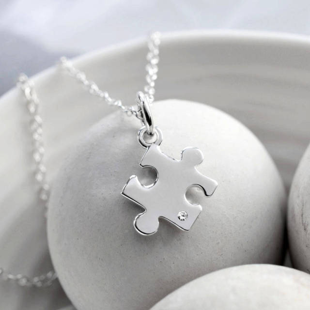 925 Silver Cubic Zirconia Jigsaw Puzzle Necklace