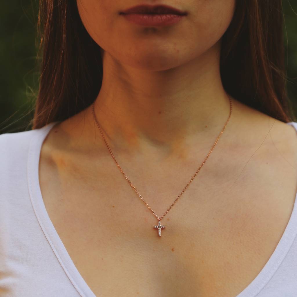Tiny Design Cubic Zirconia Cross Necklace 925 Sterling Silver