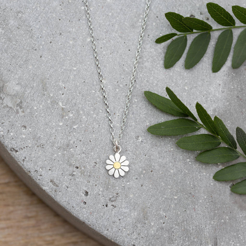 Teeny Daisy Pendant Necklace in Solid Silver and 18K Gold
