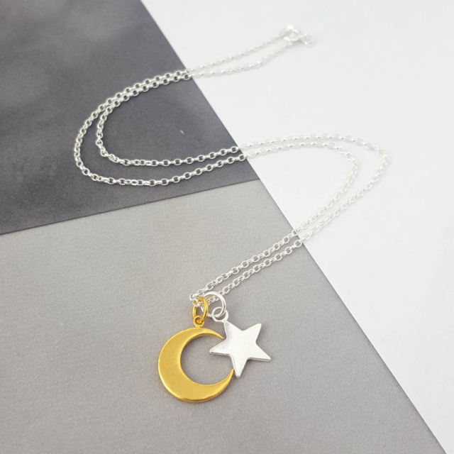 Two Tone Plated Sterling Silver Moon and Star Charms Necklace
