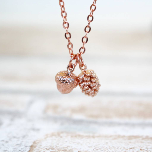 Sterling Silver Rose Gold Acorn and Pine Cone Necklace