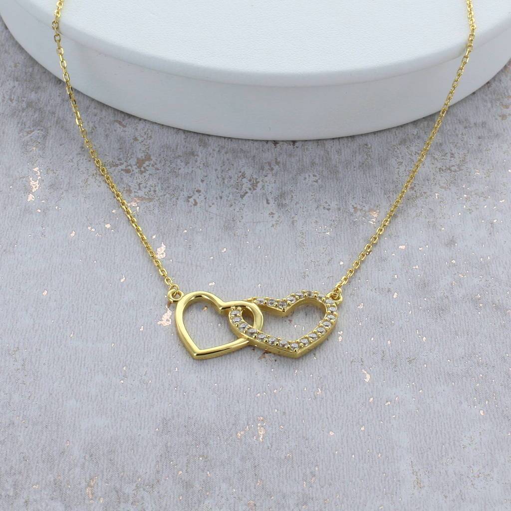 Fashion Sterling Silver 14K Gold Interlocking Hearts Necklace