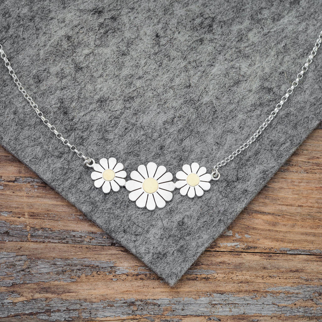 Sterling Silver Daisy Trio Necklace in Solid Silver and 18K Gold