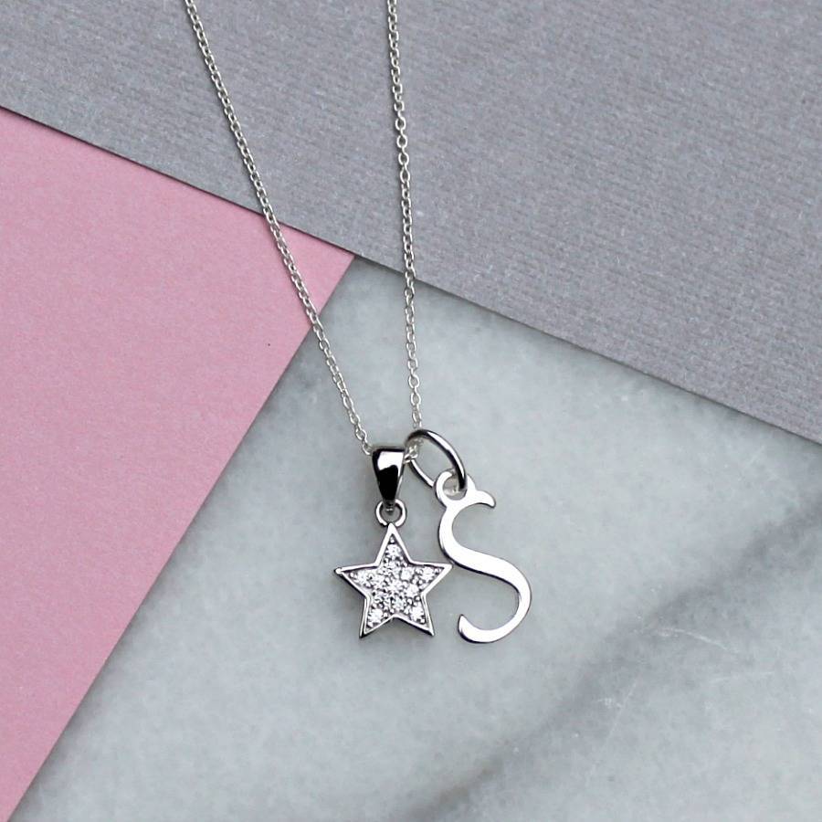 Sterling Silver Cubic Zirconia Pave Satr and Initial Charms Necklace