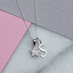 Sterling Silver Cubic Zirconia Pave Satr and Initial Charms Necklace