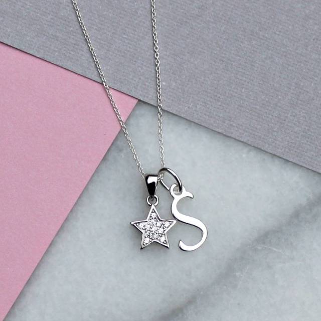 Sterling Silver Cubic Zirconia Pave Satr and Initial Charms Necklace
