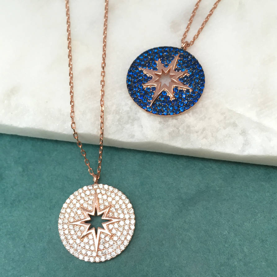 Sterling Silver Cubic Zirconia Pave Rose Circle Starburst Necklace