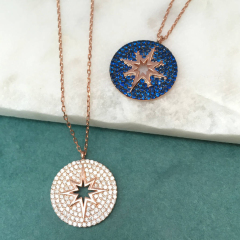 Sterling Silver Cubic Zirconia Pave Rose Circle Starburst Necklace