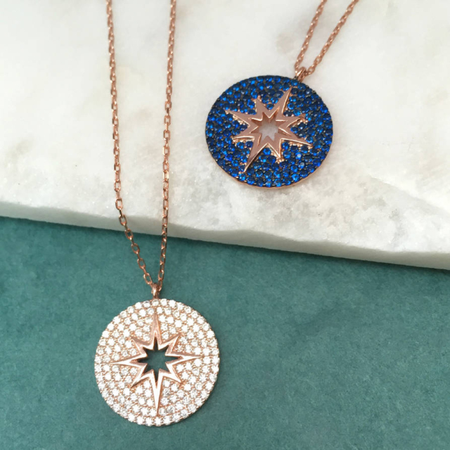 Sterling Silver Cubic Zirconia Pave Rose Circle Starburst Necklace