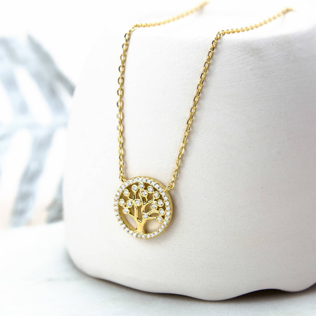 Deliate Design Sterling Silver Pave Set CZ Circle Tree Necklace