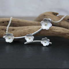 Handmade Sterling Silver Buttercup Flower Branch Necklace