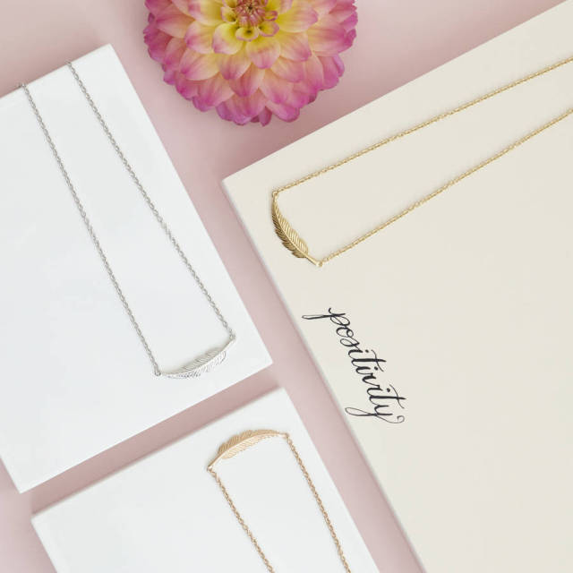 Fine Jewelry Sterling Silver Feather Necklace in Silver, Gold or Rose for Gift