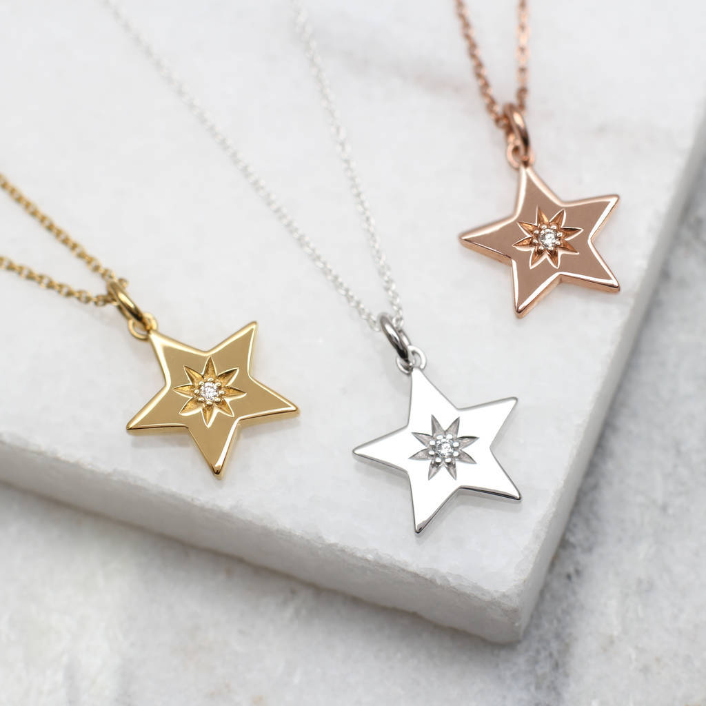 925 Sterling Silver Pave Set Cubic Zirconia Star Necklace