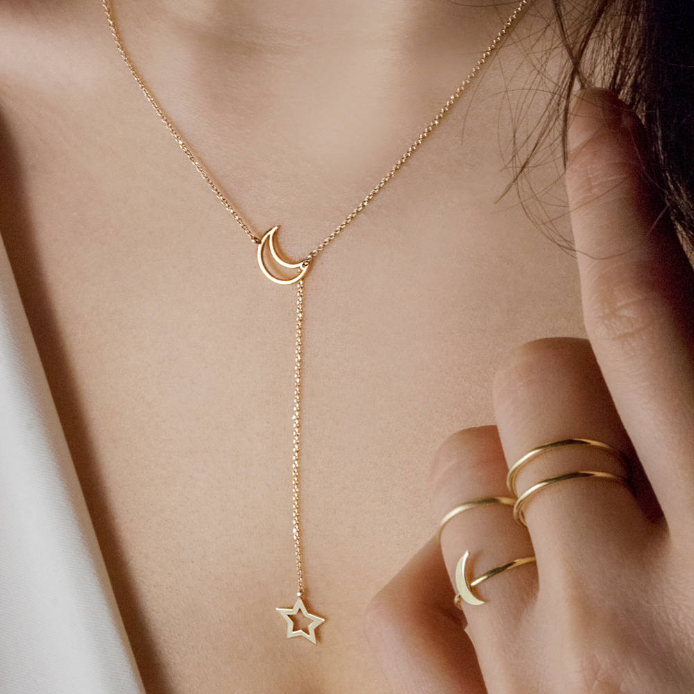 Sterling Silver Rose Gold Moon and Star Celestial Lariat Necklace