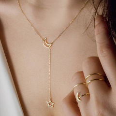 Sterling Silver Rose Gold Moon and Star Celestial Lariat Necklace