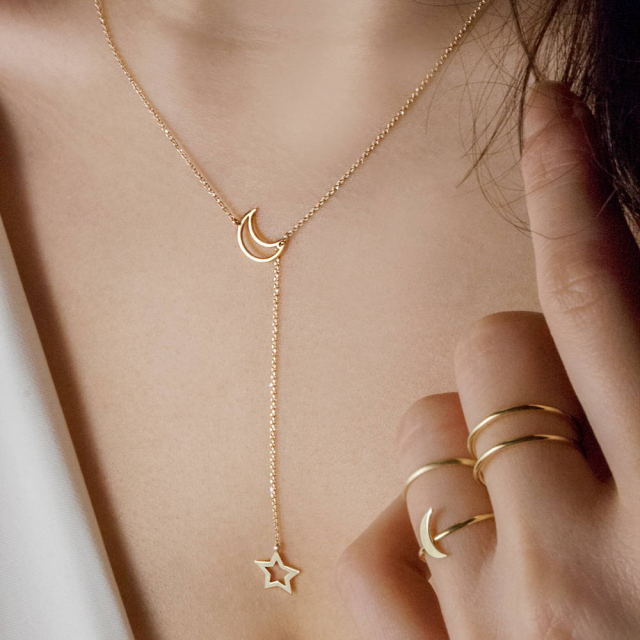Sterling Silver Rose Gold Moon and Star Celestial Lariat Necklace