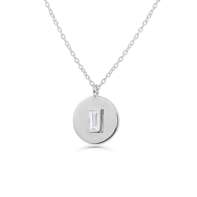 Delicate Sterling Silver Baguette Cubic Zirconia Round Disc Pendant Necklace