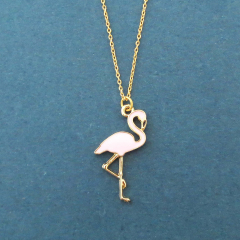 Sterling Silver 14K Gold Pink Enamel Flamingo Necklace for Girls