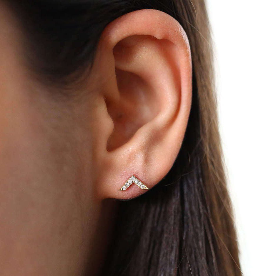 Delicate Sterling Silver 14K Gold CZ Chevron Earrings V Stud Earrings
