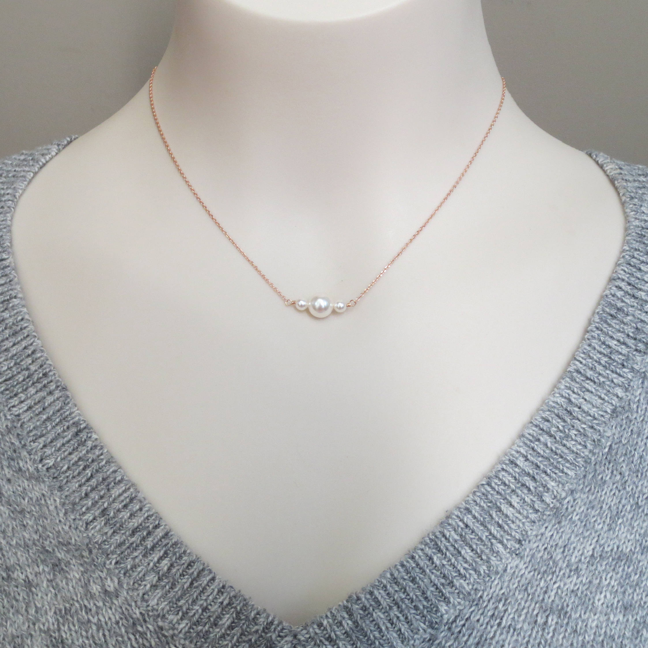 Planet, Sandwich, Three Beaded, Pearl, Rose Quartz and Moonstone Necklace in 925 Silver