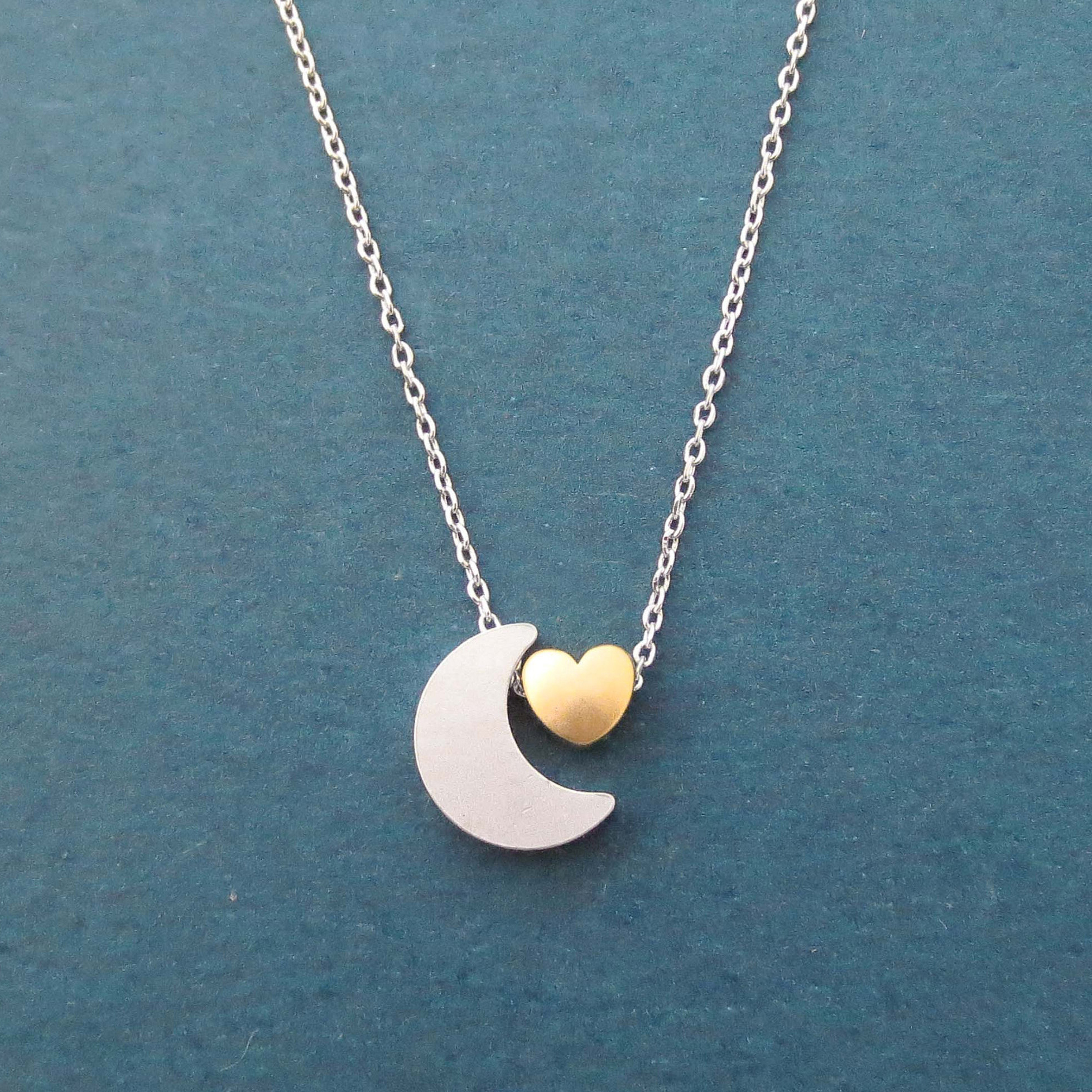 Sterling Silver Two Tone Crescent Moon and Heart Necklace Gift Jewelry